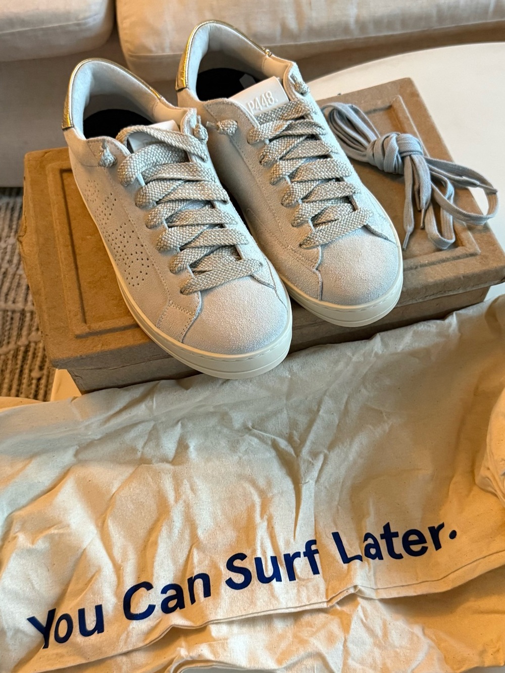 P448 Light Gray Suede John Low-Top Sneakers with Metallic Gold Heel